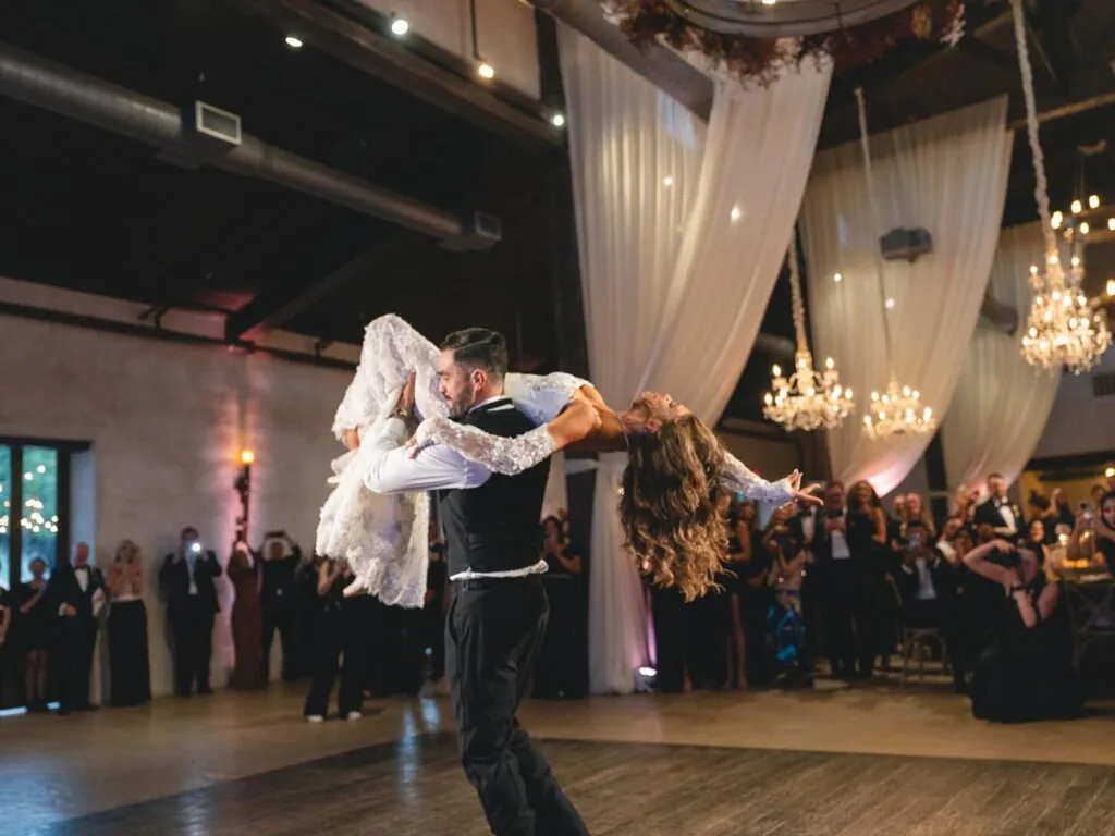Wedding couple first dance dip at Austin TX reception